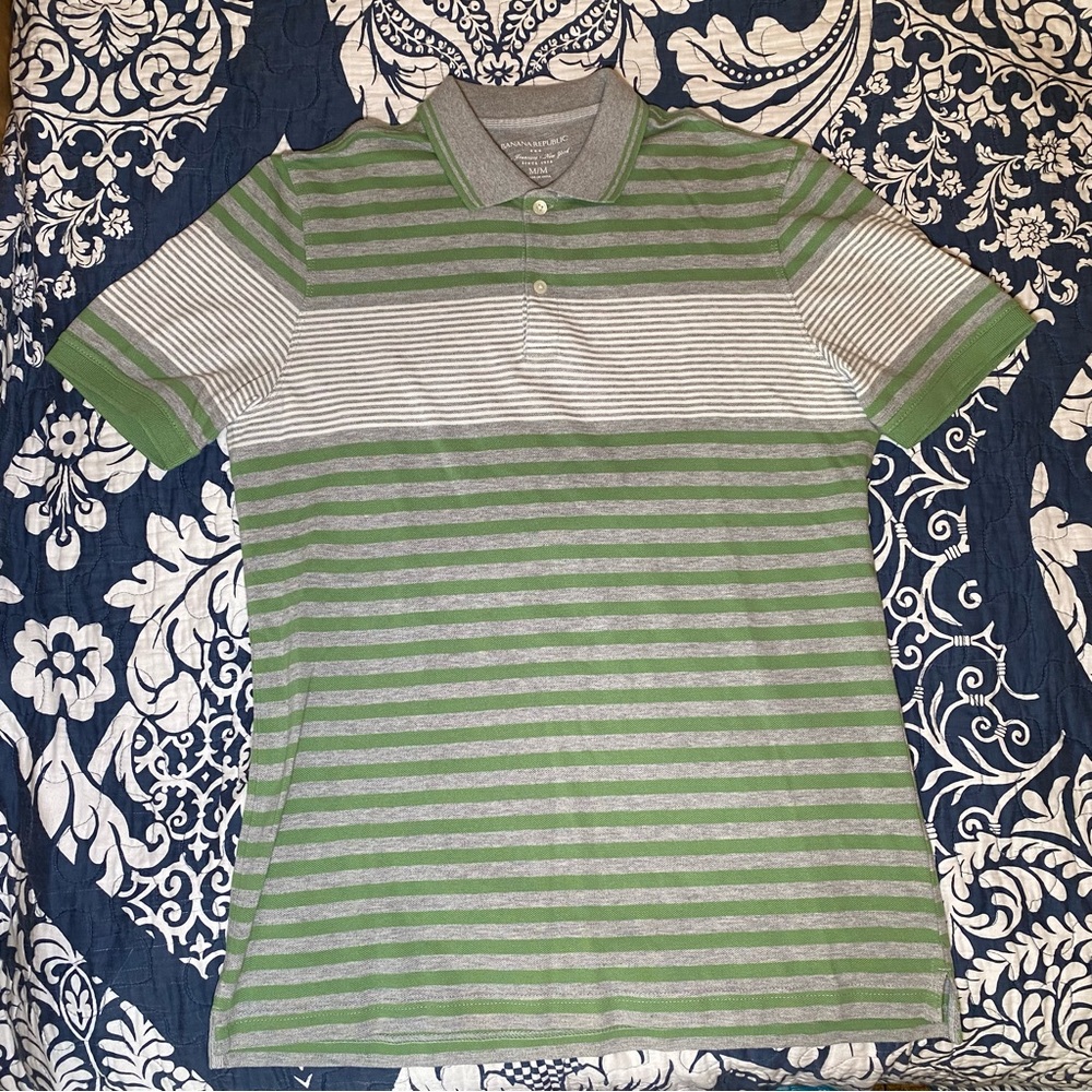 Green Grey & White Striped Polo Size Medium - Polo By Ralph Lauren